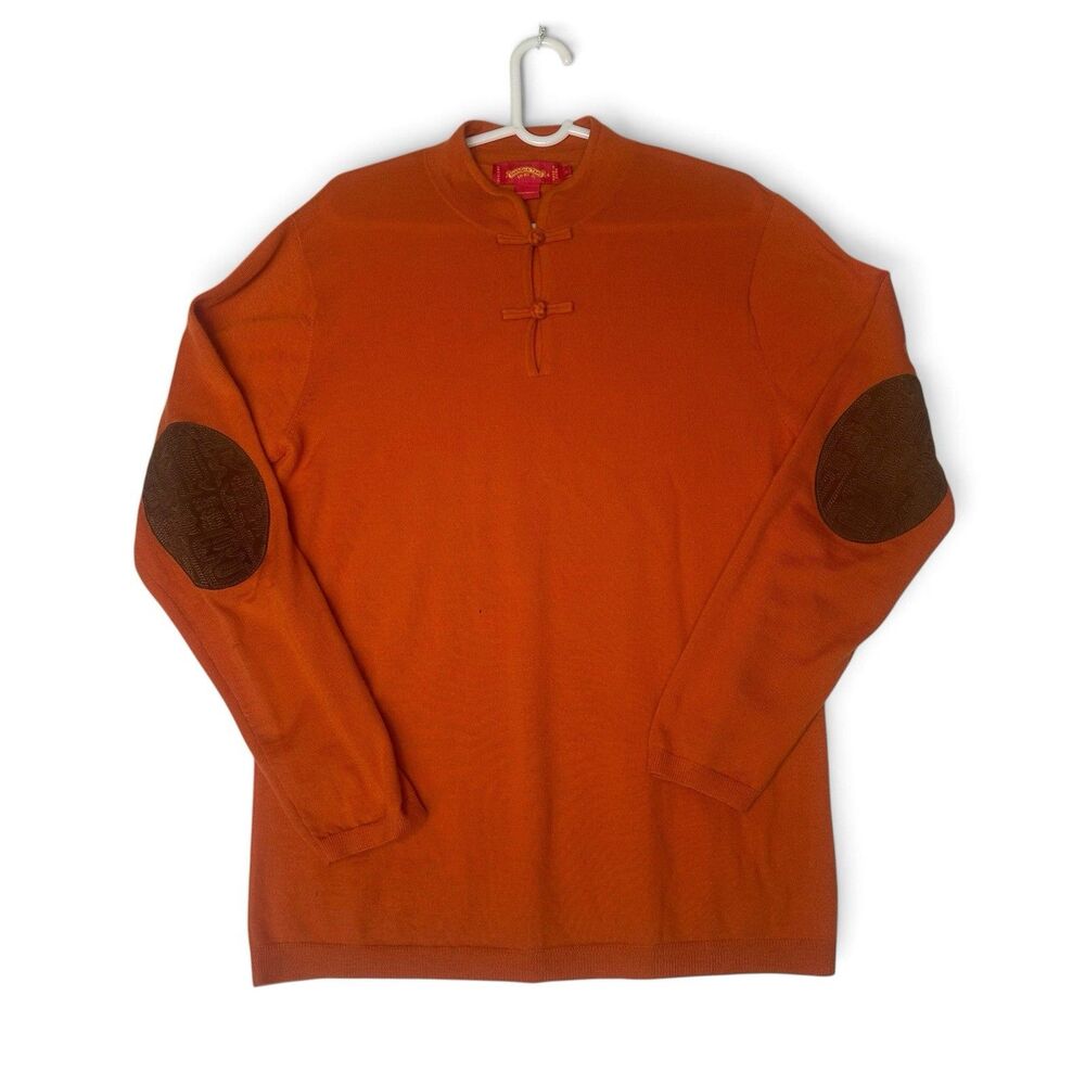 Shanghai Tang 100% Cashmere Sweater Men's M Orange Mandarin Collar Frog Closure - Picture 1 of 10